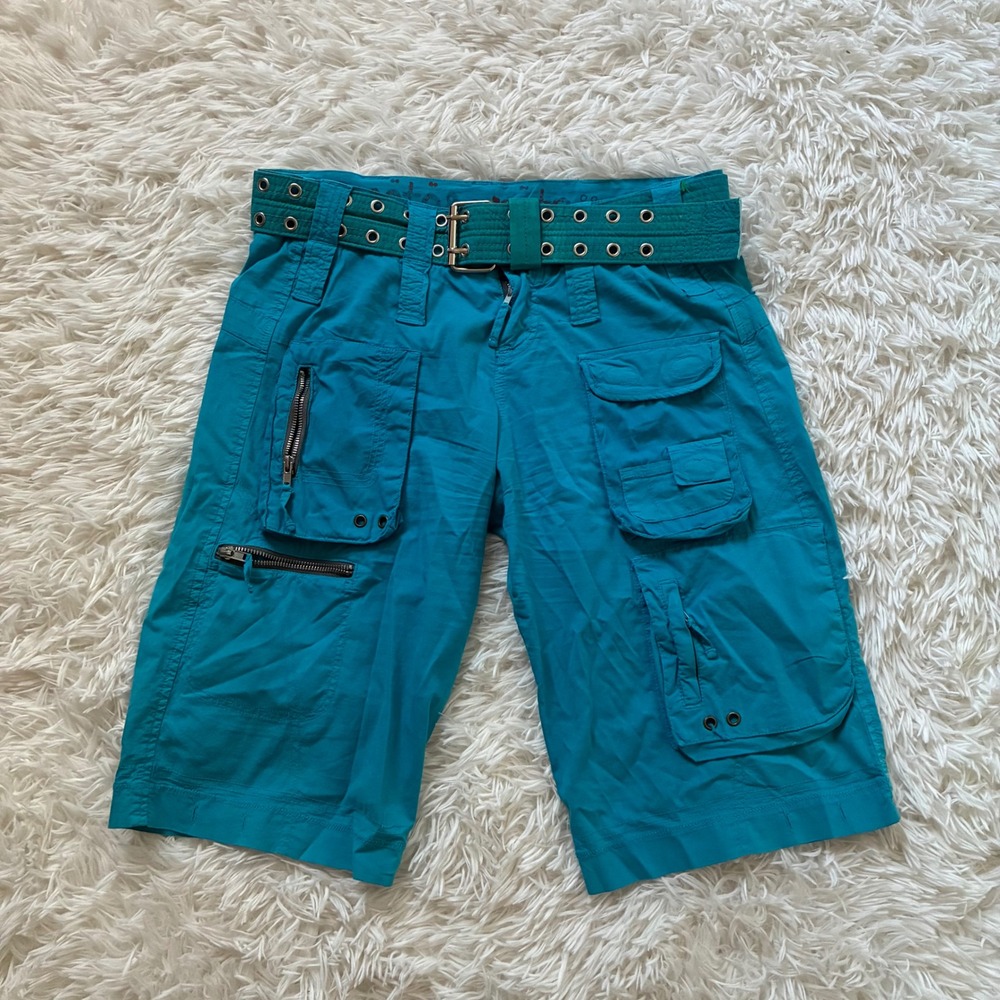 Y2K Pete & Greta Johnny Was Teal Blue Cargo Shorts Grommet Belted Utility Size 0